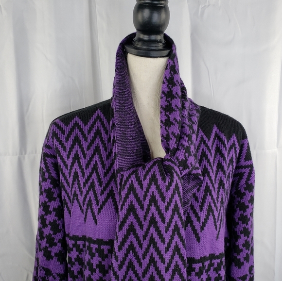 Anthony's Original Purple & Black Midi One Button Built In Scarf Sweater Sz M - Picture 2 of 12